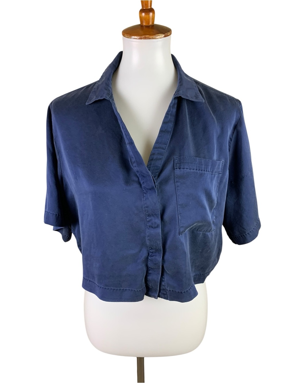 Lunya S Navy Silk Short Sleeve Pajama Sleep Button Top